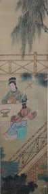Chinese Ink and Watercolor on Paper Hanging Scroll, Courtly Scene