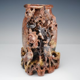Chinese Carved Soapstone Birds and Floral Vase