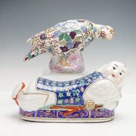 2pc Chinese Porcelain Opium Pillow and Famille Rose Bird Figurine