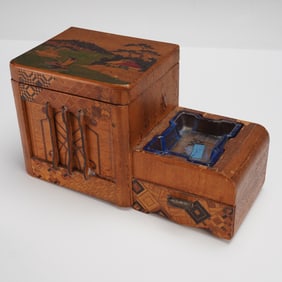 A Japanese Inlaid Wood Novelty Cigarette Dispenser and Ashtray