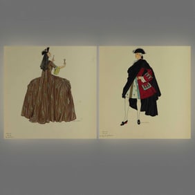H. & C. Condon, 2pc Costume Design Watercolors & Ink on Paper, Signed