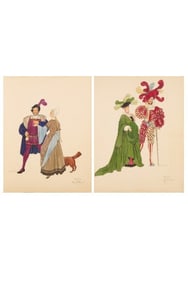 H. & C. Condon, 2pc Theater Costume Design Watercolors on Paper, Signed
