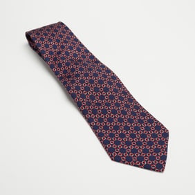 Hermes Paris Navy Blue and Red Chain Motif Silk Tie