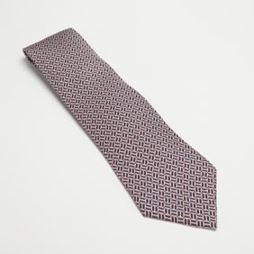 Hermes Paris Red Blue Geometric Pattern Silk Necktie