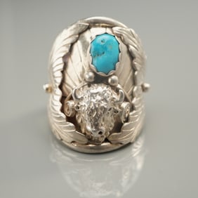 Sterling Silver Buffalo Head Ring with Turquoise Stone Accent