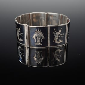 Sterling Silver and Black Enamel Siam Nielloware Dancing Figures Bracelet
