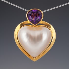 18K Gold Amethyst and Mother of Pearl Heart Pendant, by Mayors