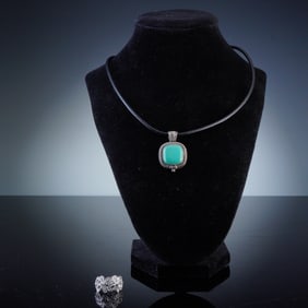 2pc Ross-Simons Leather Necklace with Turquoise Pendant and Silver CZ Ring