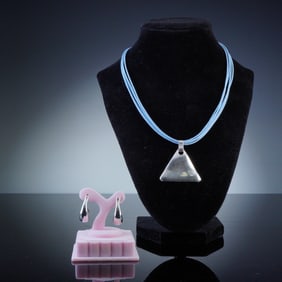 2pc Sterling Silver Triangle Pendant Necklace and Hoop Earrings