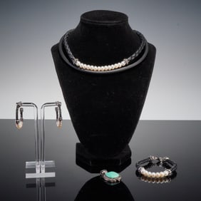 5pc Sterling Silver, Pearl and Cabochon Jewelry