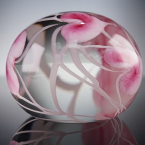Lotton Studios Art Glass Paperweight, with Pink Abstract Floral