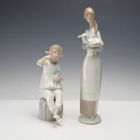 2pc Lladro Figurines, Girl with Lamb & Girl with Doll