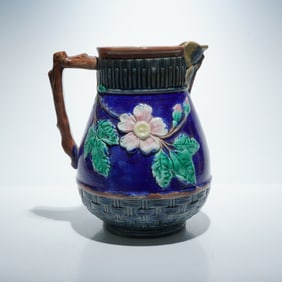 Majolica Pottery Pitcher Floral and Basketweave Design