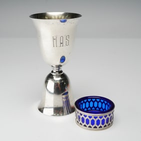 2pc Wallace and EP Co. Sterling Silver Double Jigger and Salt Cellar