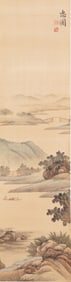 Chinese Ink and Watercolor Landscape Hanging Scroll w/ Red Seals