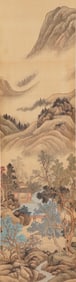 Chinese Ink and Watercolor Landscape on Paper Hanging Scroll