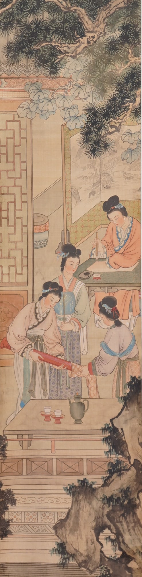 Chinese Ink and Watercolor on Paper Hanging Scroll, Courtly Scene: A refined ink and watercolor hanging scroll depicting an intimate courtly interior scene. Four finely dressed women engage in literary and domestic pursuits within a delicately rendered architectural