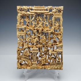 Chinese Gilt Wood Carved Battle And Pavilion Scene Panel