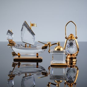 3pc Chinese Junk Boat, Coffee Mill, and Lantern, Crystal Figurines