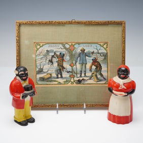 3pc Framed Chromolithograph and Vintage Figural Shakers