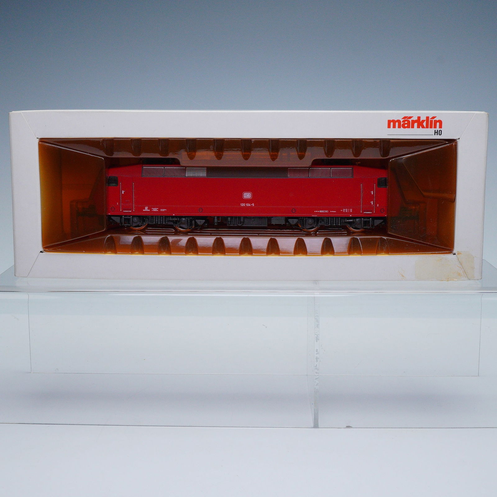 Marklin HO BR 120.1 Electric Locomotive No. 3353, Boxed: Model no. 3353, Deutsche Bundesbahn Class BR 120.1 in red livery, no. 120 104-5. Features include dual pantographs, detailed body with manufacturer markings (AEG, BBC, Siemens), and all-metal construc