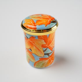 Elliot Hall Enamels 'Maple Leaves' Cylindrical Ring Box, Signed A. Roberts