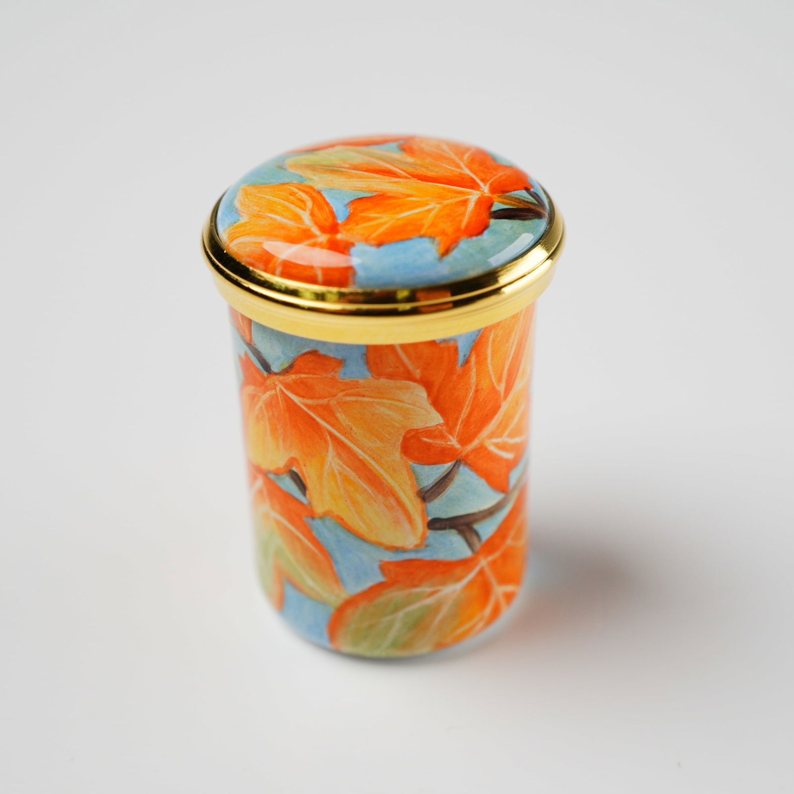Elliot Hall Enamels 'Maple Leaves' Cylindrical Ring Box, Signed A. Roberts (1 of 5)