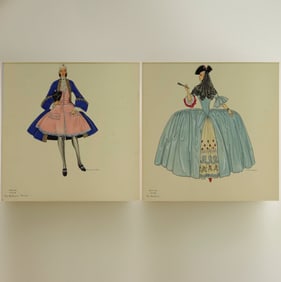 H. & C. Condon, 2pc Costume Design Watercolors & Ink on Paper, Signed