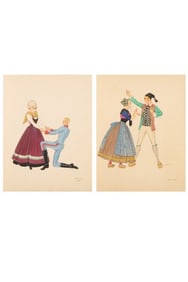 H. & C. Condon, 2pc Theatrical Costume Design Watercolors on Paper, Signed