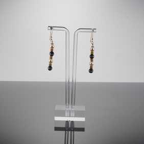 Pair of Black Onyx and Pearl Dangle Earrings with 14K Hooks