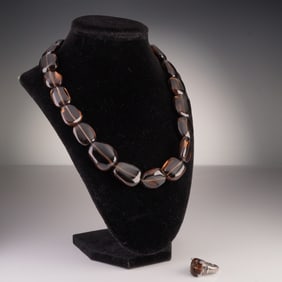 2pc Judith Ripka Smoky Quartz Necklace and Sterling Silver Ring