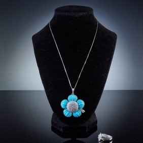 2pc Sterling Silver Floral Pendant Necklace and Cubic Zirconia Ring