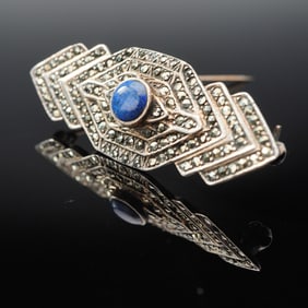 Sterling Silver Marcasite with Blue Gemstone Pin
