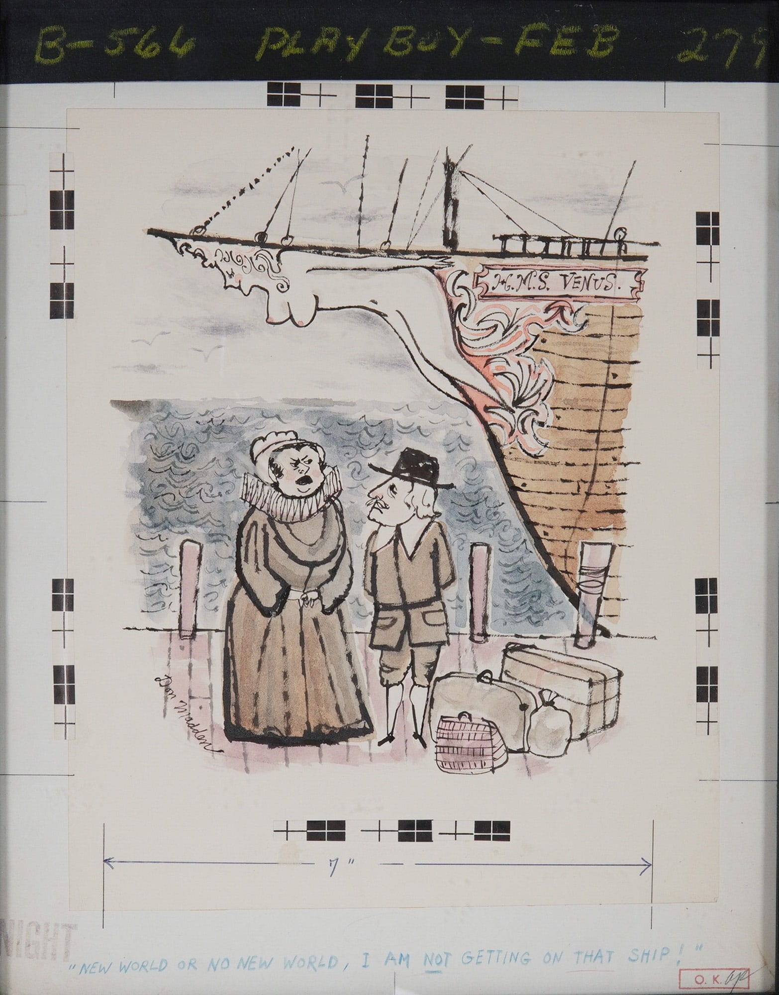 Don Madden (American 1927-2024) Watercolor & Ink, Playboy Cartoon, Signed: A humorous original illustration in watercolor and ink by longtime Playboy cartoonist Don Madden, presenting a couple on a dock hesitating before boarding a ship named H.M.S. Venus. Madden's signature