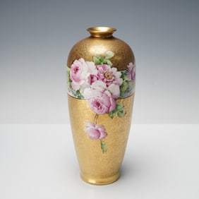 Early 20th Century Gilt Porcelain Floral Rose Vase