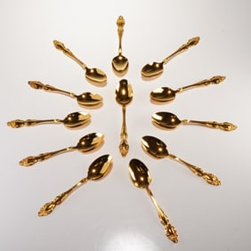12pc 1881 Rogers Oneida Gold Electroplate Dessert Spoons, Baroque Rose