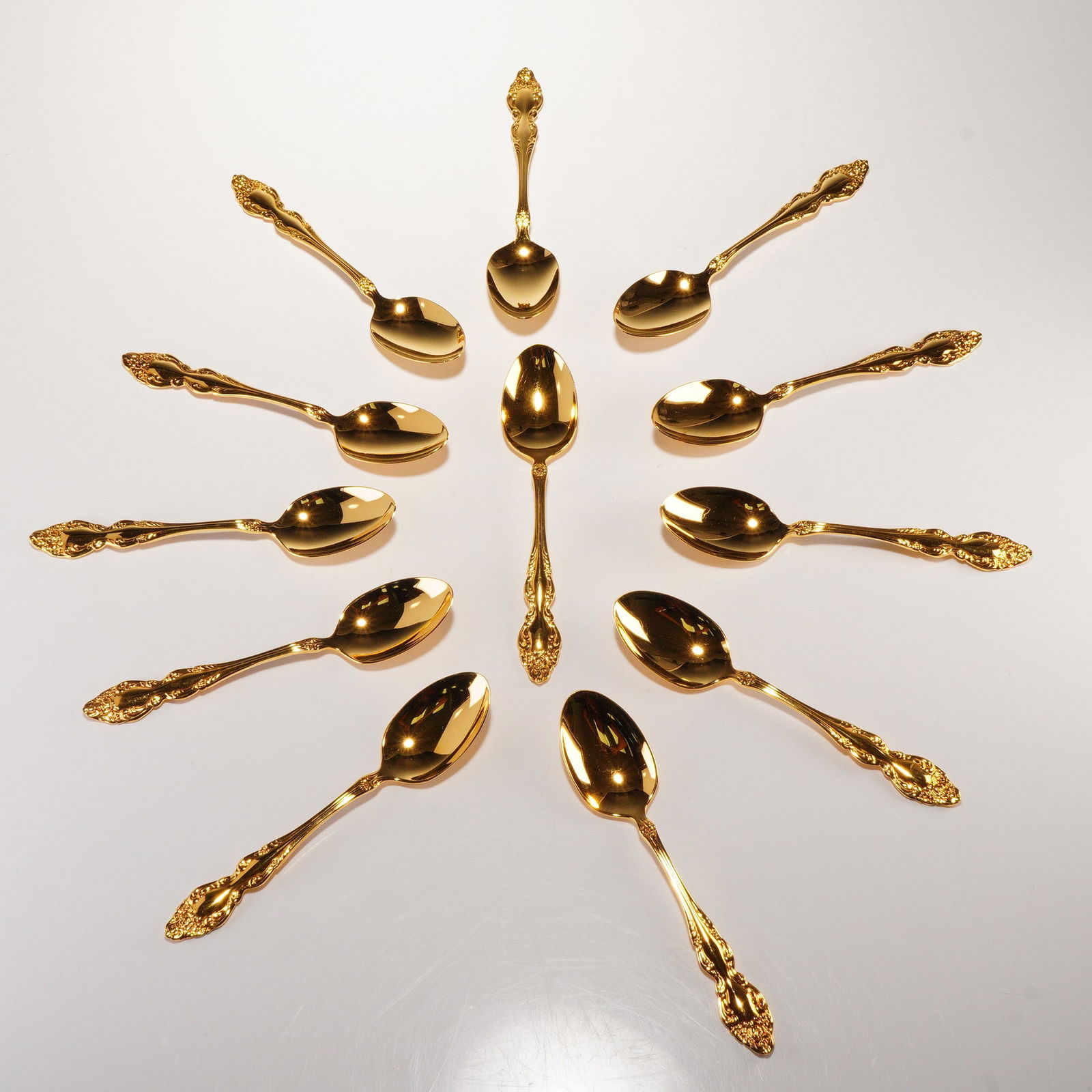 12pc 1881 Rogers Oneida Gold Electroplate Dessert Spoons, Baroque Rose (1 of 5)