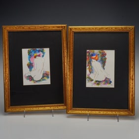 2pc Dominique Dubois (French) Watercolor & Ink Nude Study Paintings, Signed