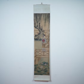 Chinese Ink & Watercolor on Paper Hanging Scroll, Courtly Scene