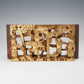 Chinese Gilt Wood Carved Horseman and Figures Panel