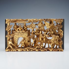 Chinese Gilt Wood Carved Gateway And Procession Scene Panel