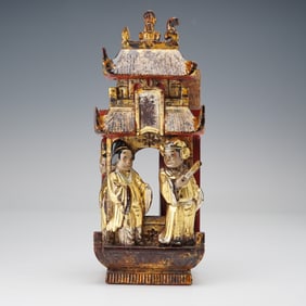 Chinese Gilt Wood Carved Pavilion Figures Panel