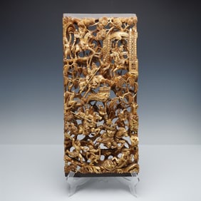 Chinese Gilt Wood Carved Battle Scene Panel