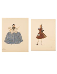 H. & C. Condon, 2pc Theater Costume Design Watercolors on Paper, Signed