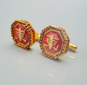 Lunch at the Ritz Gold Tone Red Enamel Cufflinks