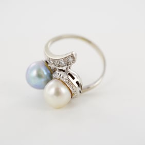 14K White Gold Dual Pearl and Diamond Ring