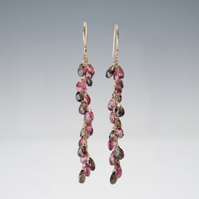 14K Gold Brown and Pink Stone Drop Earrings