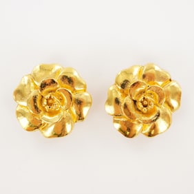 Chanel Camellia Gold Tone Clip Earrings