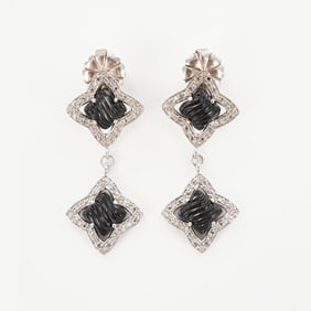 David Yurman 18K and Sterling Silver Onyx and Diamond Drop Earrings