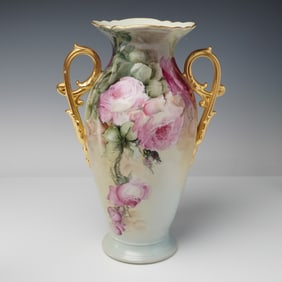 Limoges France Hand Painted Porcelain Gilt Handled and Floral Vase